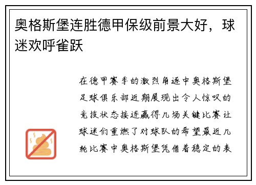 奥格斯堡连胜德甲保级前景大好，球迷欢呼雀跃